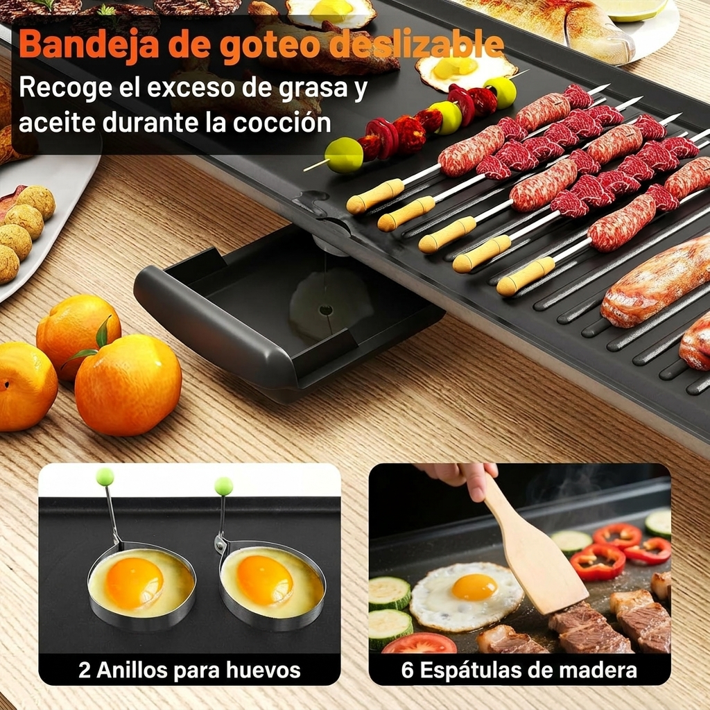 Plancha de asar Eléctrica 90x23 cm Superficie antiadherente a la piedra 2000w con Termostato Regulable y Bandeja para Recogida de Grasa - Image 3