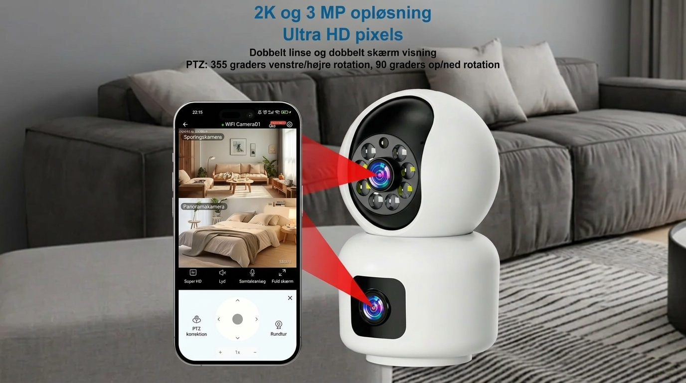 3 MP 2K smart sikkerhedskamera, babyovervågning og kæledyrskamera, farve nattsyn, bevægelsesregistrering, nem montering, cloud-/SD-lagring