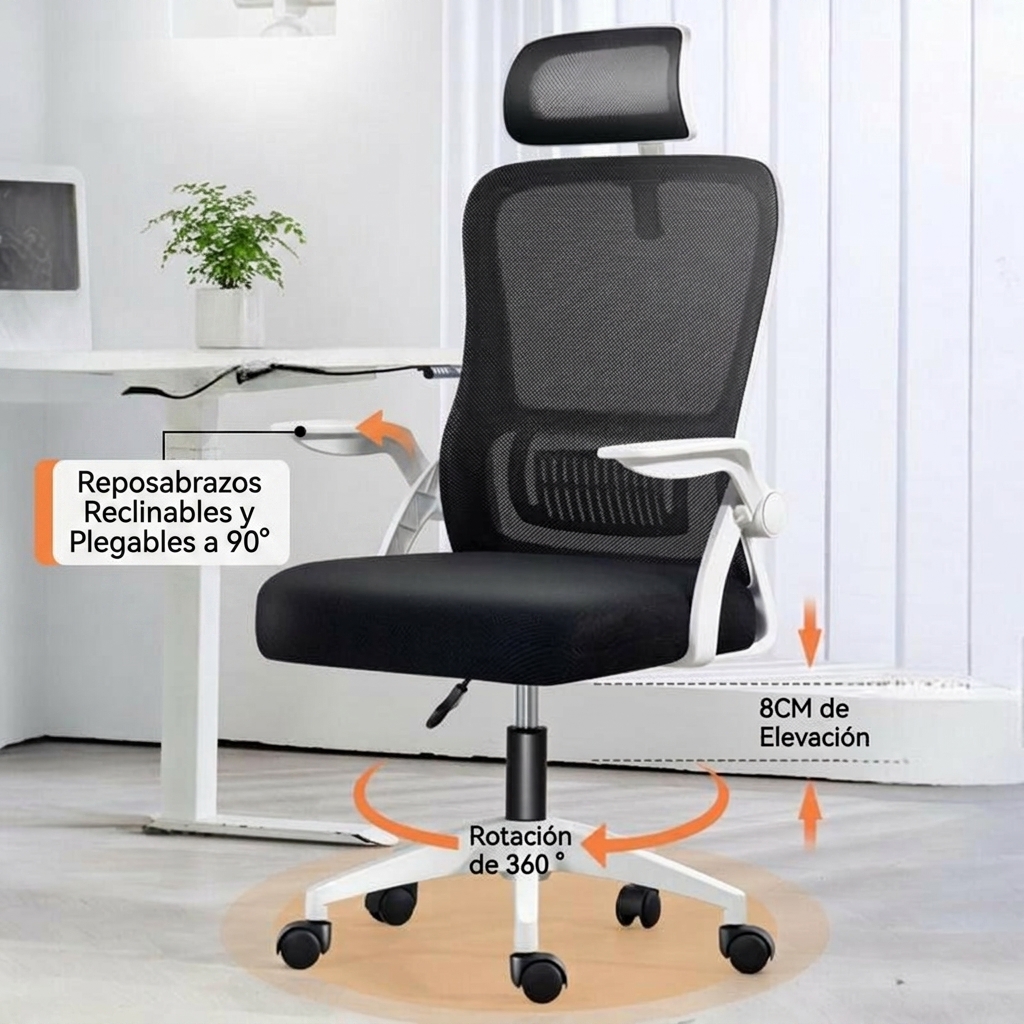 Silla de Oficina, para Gaming, Escritorio Ergonmica con Reposacabezas, Ajustable y con Soporte Lumbar Respaldo de Malla Transpirable Reposabrazos Abatibles de 90 Giratoria 360 (SF168-002) - Image 4