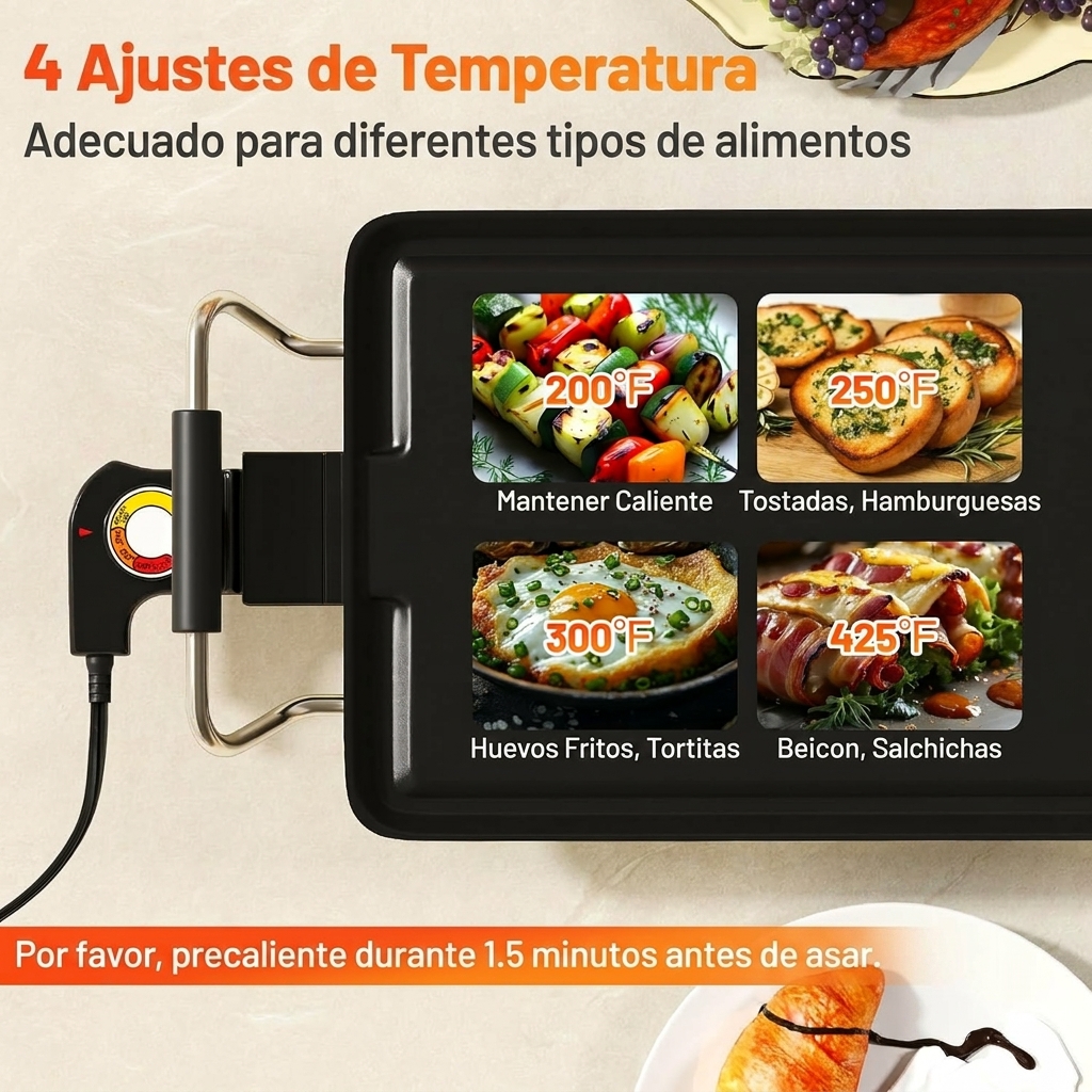 Plancha de asar Eléctrica 90x23 cm Superficie antiadherente a la piedra 2000w con Termostato Regulable y Bandeja para Recogida de Grasa - Image 4